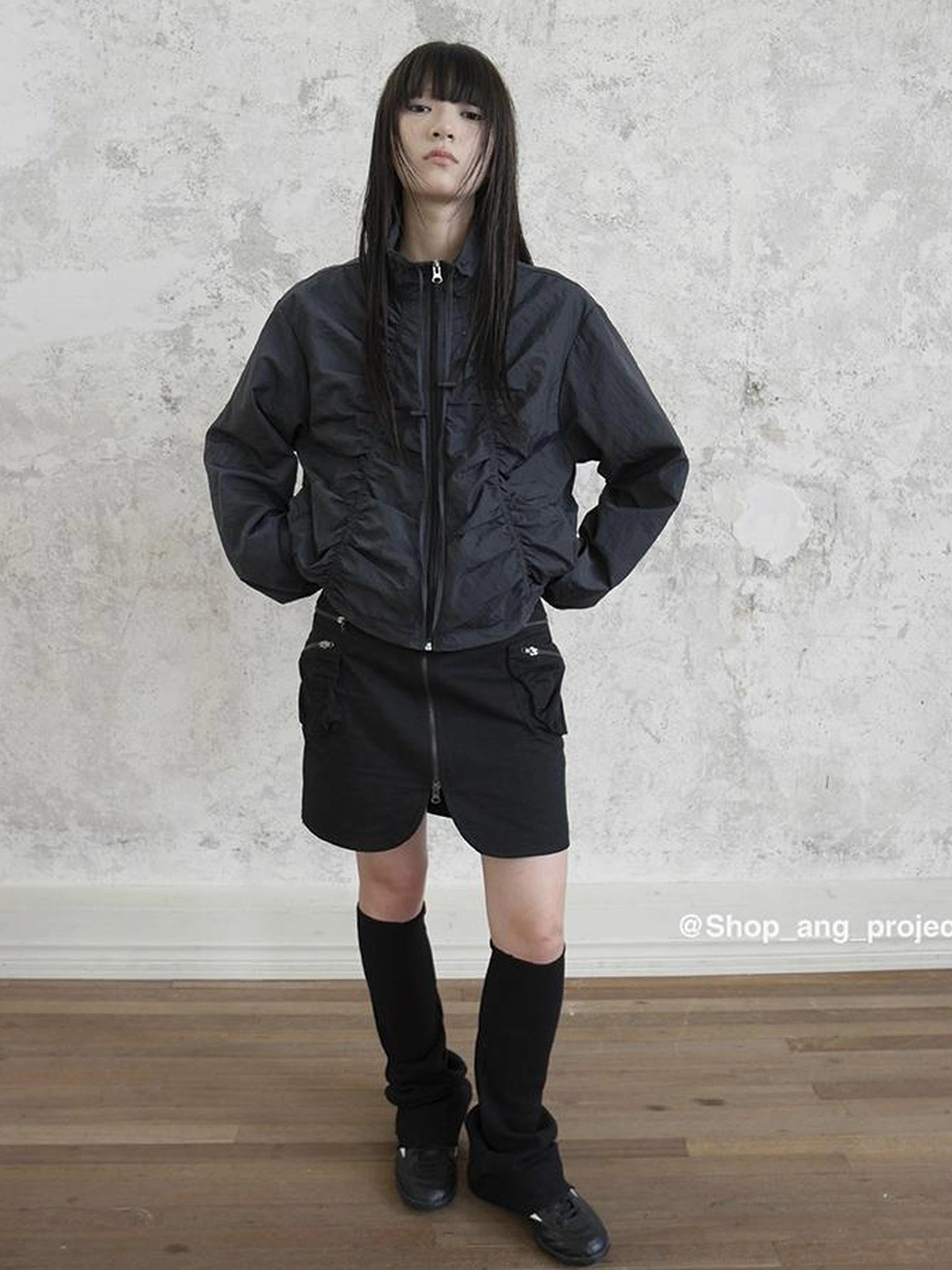 Pleated Drawstring Zipper Long Sleeve Jacket