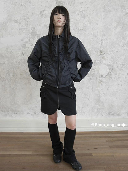 Pleated Drawstring Zipper Long Sleeve Jacket