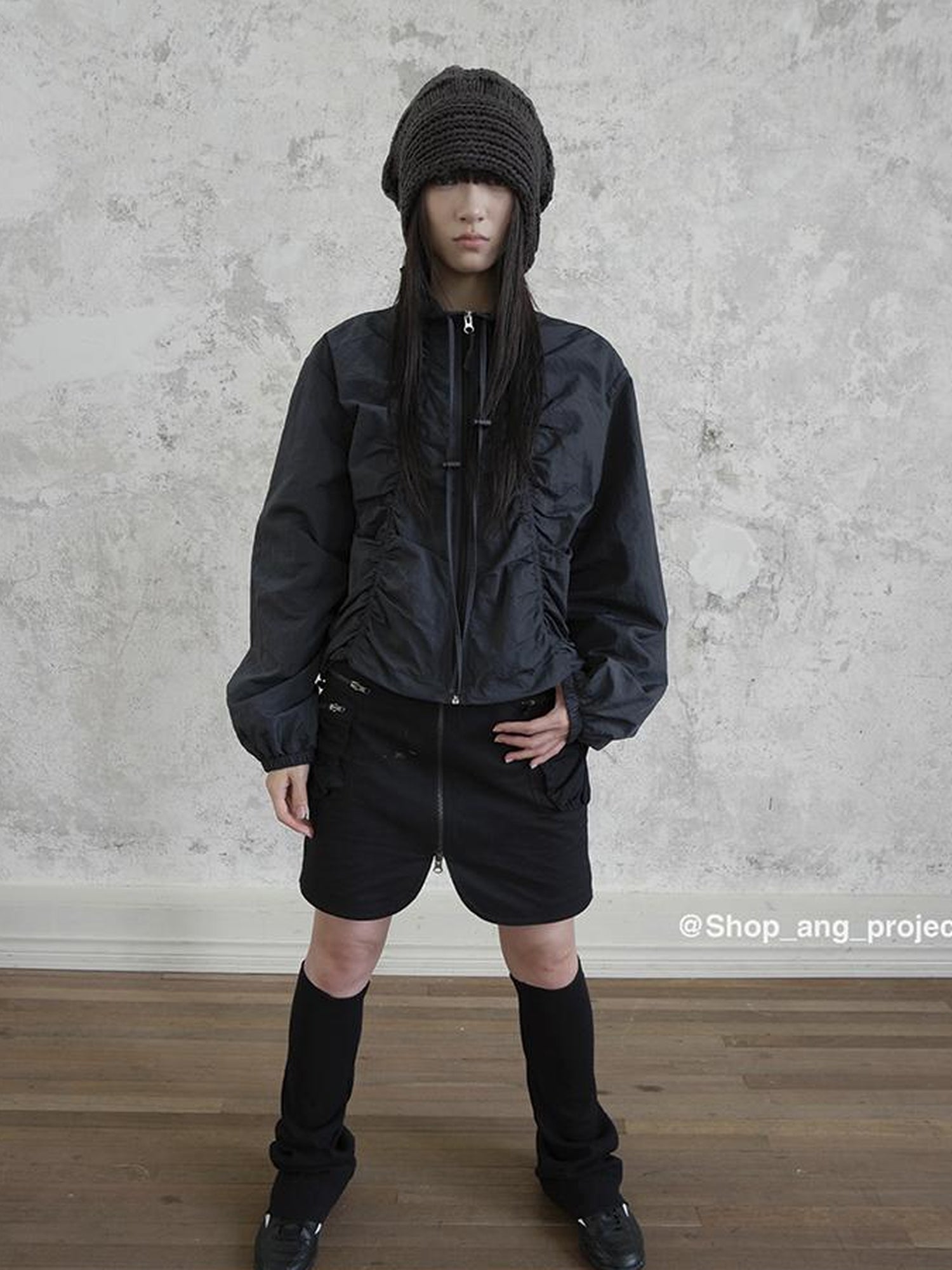 ang project Pleated Drawstring Zipper Long Sleeve Jacket