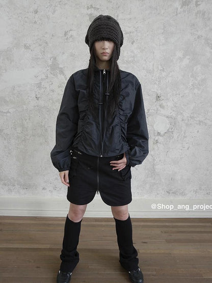 Pleated Drawstring Zipper Long Sleeve Jacket
