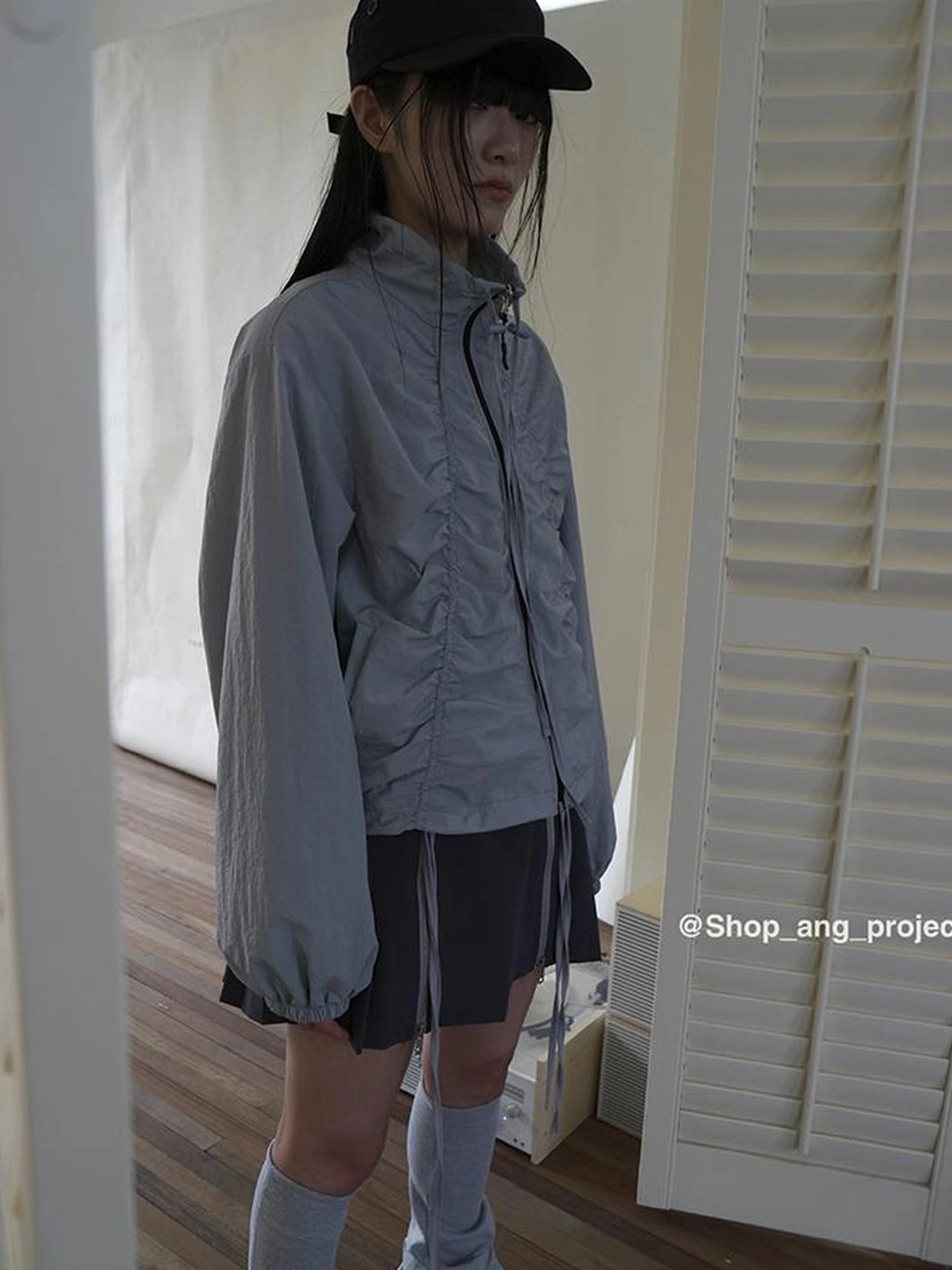 Pleated Drawstring Zipper Long Sleeve Jacket