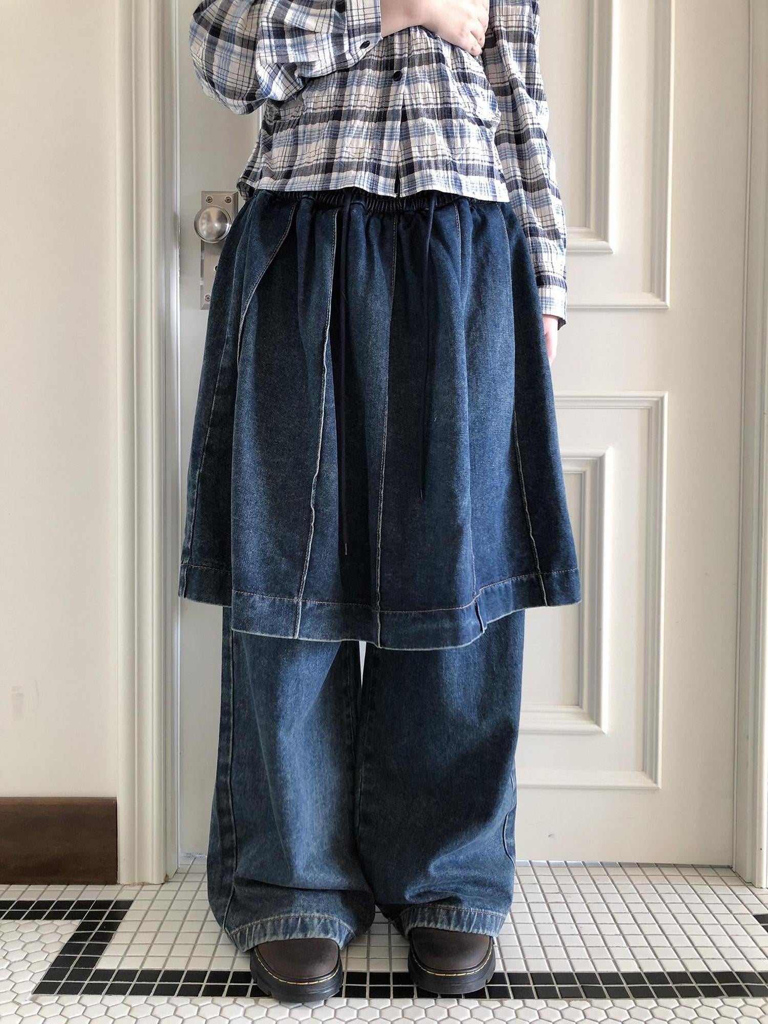 ang project Pleated Faux Two Piece Loose Wide Leg Drawstring Women&