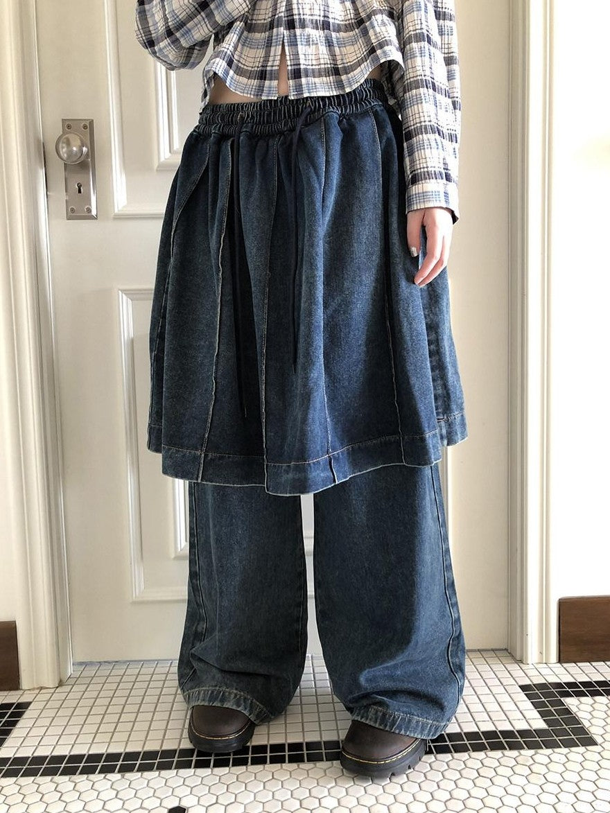 ang project Pleated Faux Two Piece Loose Wide Leg Drawstring Women&