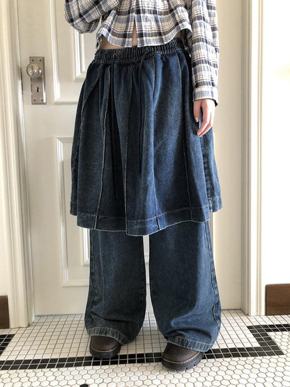 ang project Pleated Faux Two Piece Loose Wide Leg Drawstring Women&