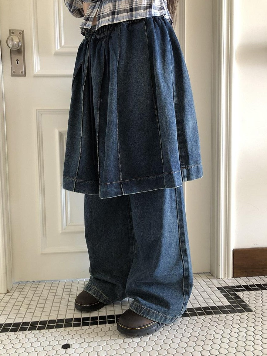 ang project Pleated Faux Two Piece Loose Wide Leg Drawstring Women&