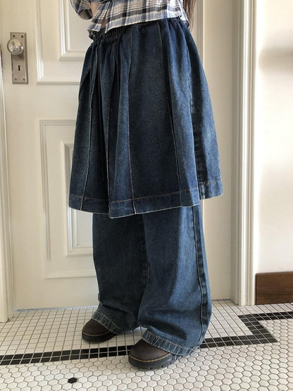 ang project Pleated Faux Two Piece Loose Wide Leg Drawstring Women&