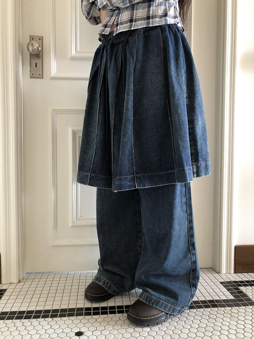 ang project Pleated Faux Two Piece Loose Wide Leg Drawstring Women&