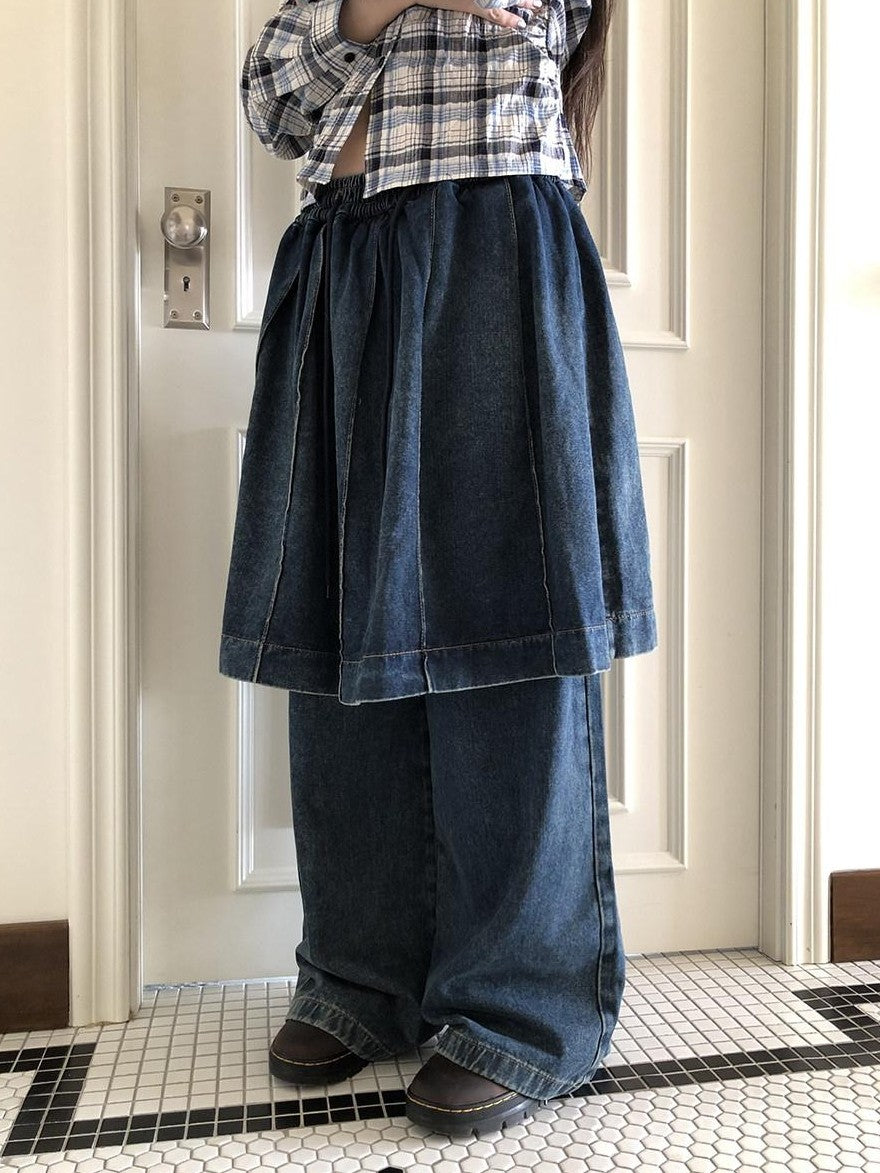 ang project Pleated Faux Two Piece Loose Wide Leg Drawstring Women&
