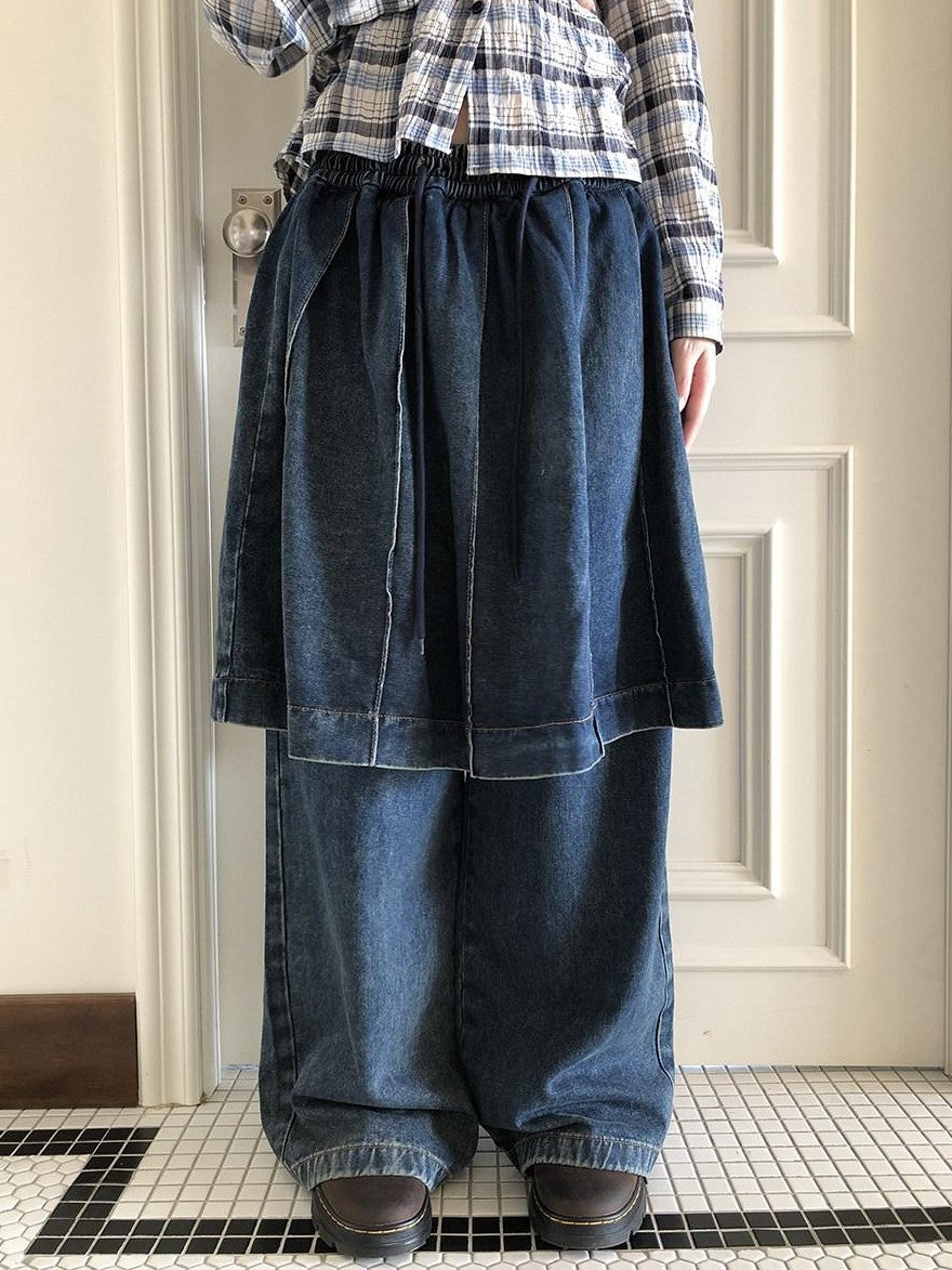 ang project Pleated Faux Two Piece Loose Wide Leg Drawstring Women&