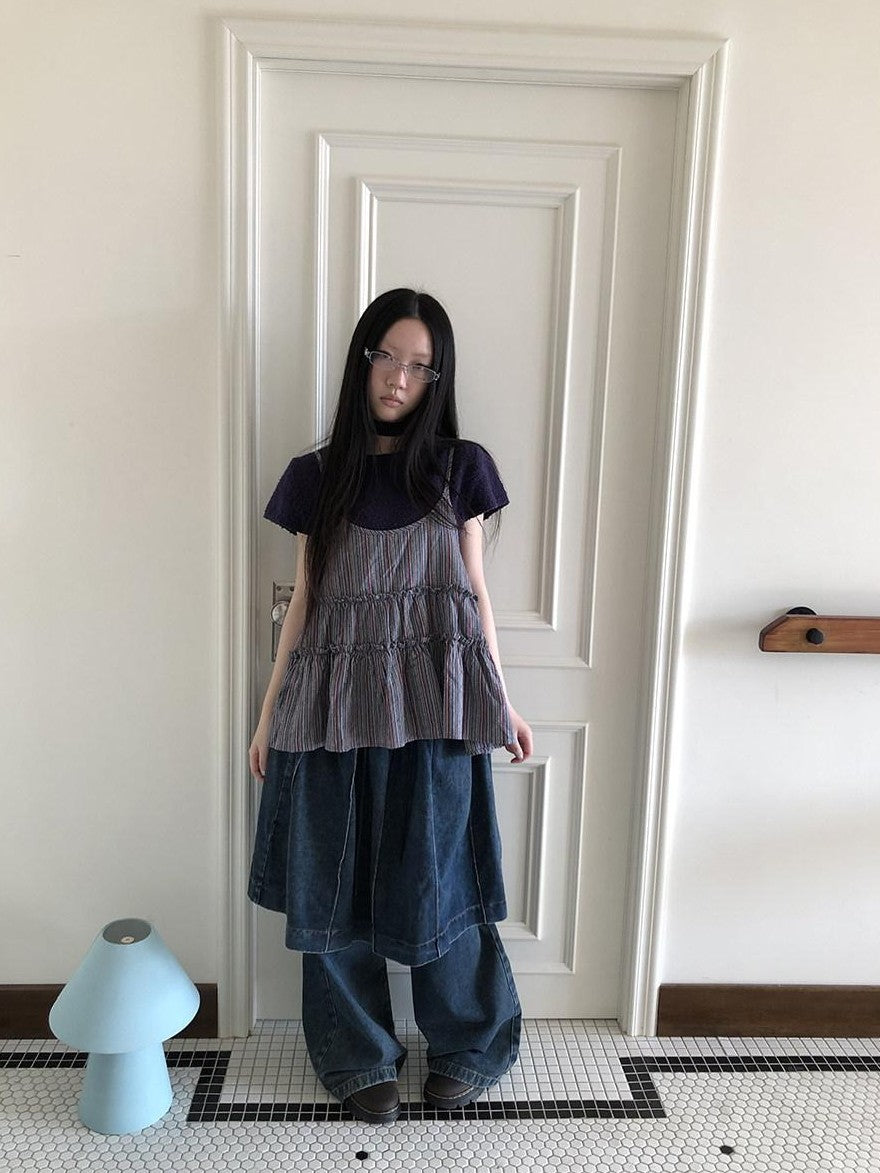 ang project Pleated Faux Two Piece Loose Wide Leg Drawstring Women&