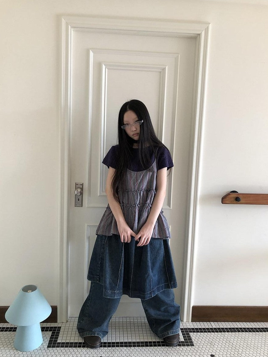 ang project Pleated Faux Two Piece Loose Wide Leg Drawstring Women&