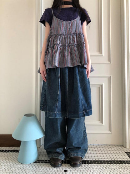 ang project Pleated Faux Two Piece Loose Wide Leg Drawstring Women&