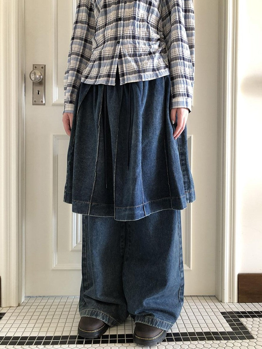 ang project Pleated Faux Two Piece Loose Wide Leg Drawstring Women&