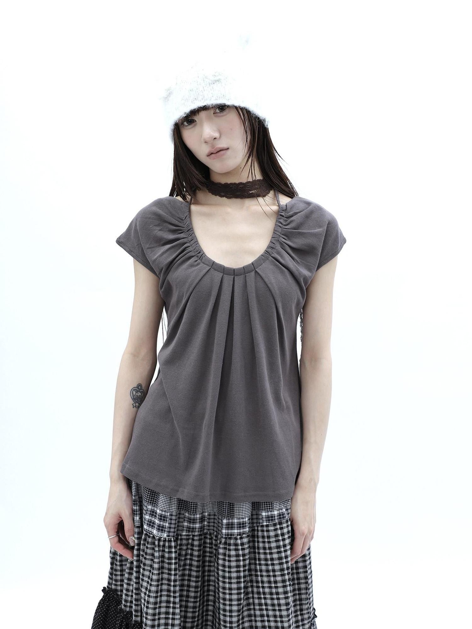 ang project Pleated Halter Tie U Neck Women&