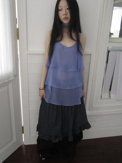 Updateang project Pleated Lattice Sleeveless Vest With Scarf