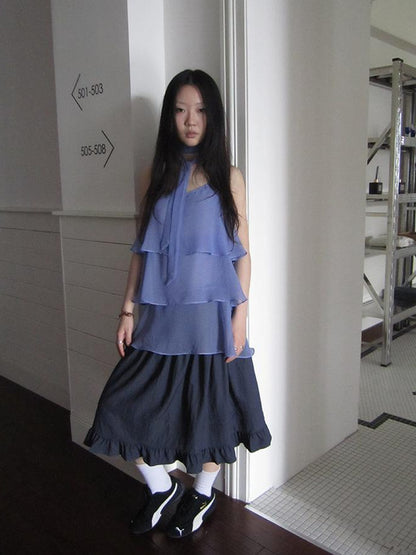 Updateang project Pleated Lattice Sleeveless Vest With Scarf