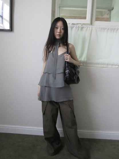 Updateang project Pleated Lattice Sleeveless Vest With Scarf