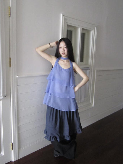 Updateang project Pleated Lattice Sleeveless Vest With Scarf