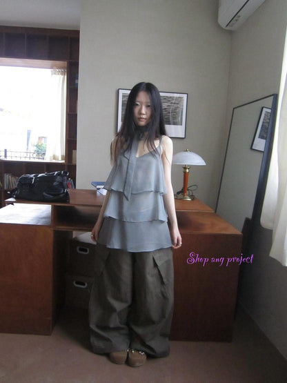 Updateang project Pleated Lattice Sleeveless Vest With Scarf