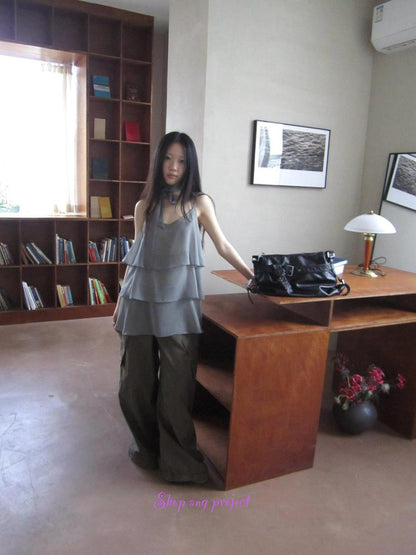 Updateang project Pleated Lattice Sleeveless Vest With Scarf