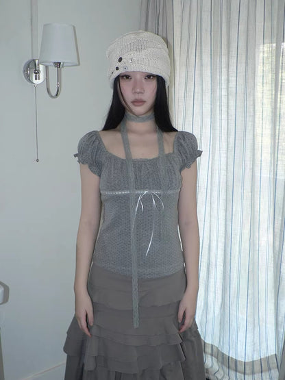 ang project Pleated Polka Dot Puff Sleeve Square Neck Cropped Slim Korean Women T-Shirt