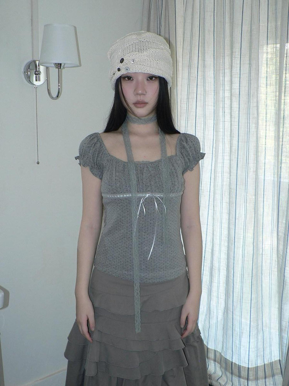 ang project Pleated Polka Dot Puff Sleeve Square Neck Cropped Slim Korean Women T-Shirt
