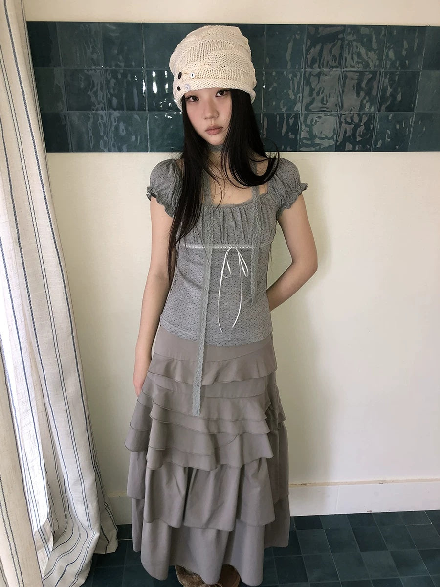 ang project Pleated Polka Dot Puff Sleeve Square Neck Cropped Slim Korean Women T-Shirt