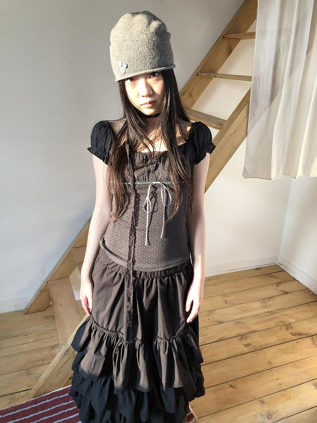 ang project Pleated Polka Dot Puff Sleeve Square Neck Cropped Slim Korean Women T-Shirt
