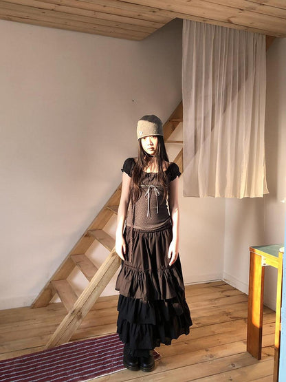 ang project Pleated Polka Dot Puff Sleeve Square Neck Cropped Slim Korean Women T-Shirt