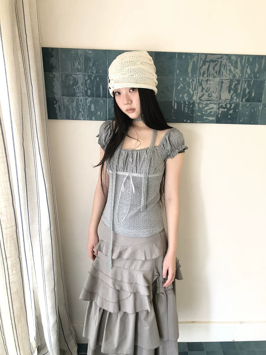 ang project Pleated Polka Dot Puff Sleeve Square Neck Cropped Slim Korean Women T-Shirt