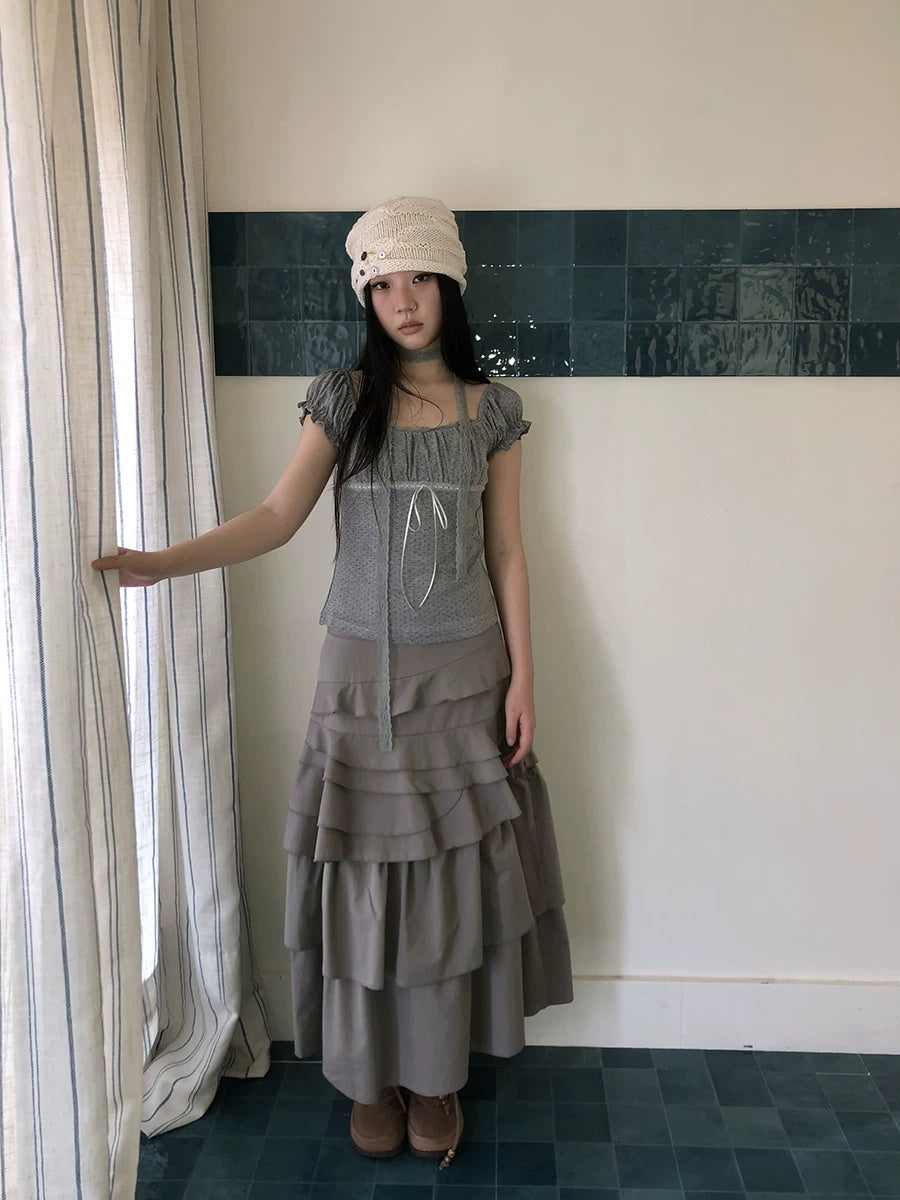 ang project Pleated Polka Dot Puff Sleeve Square Neck Cropped Slim Korean Women T-Shirt