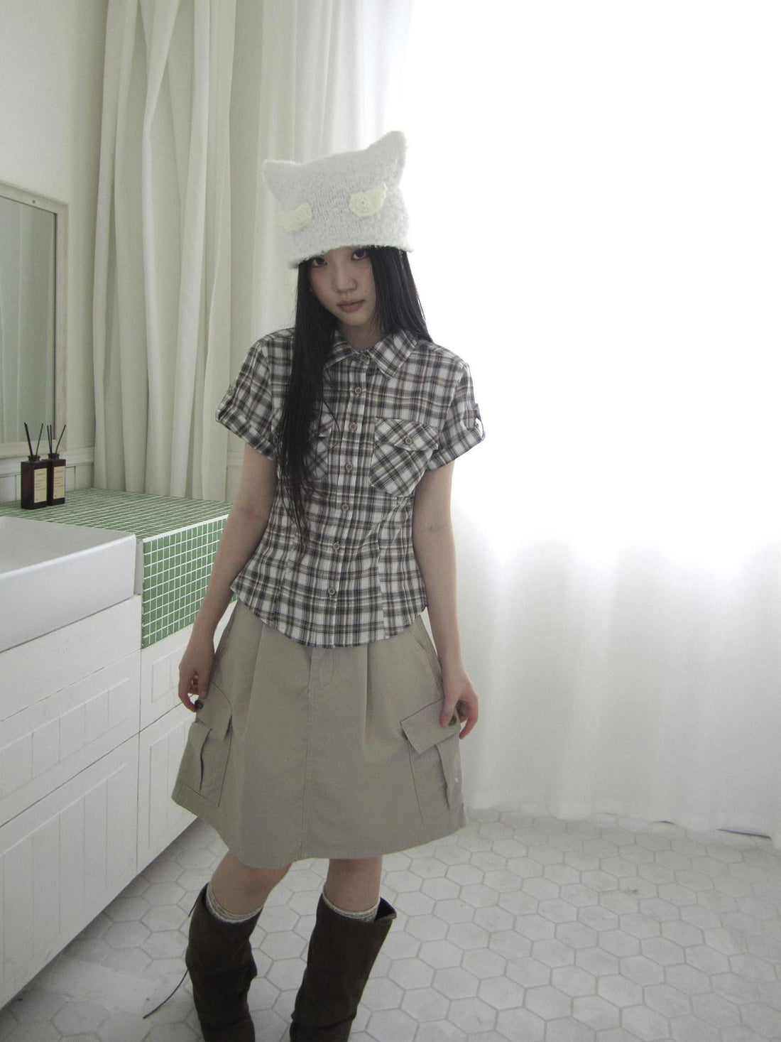 ang project Pocket Patchwork Plaid Waist Cinched Polo Collar Women&