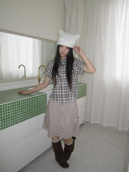 ang project Pocket Patchwork Plaid Waist Cinched Polo Collar Women&