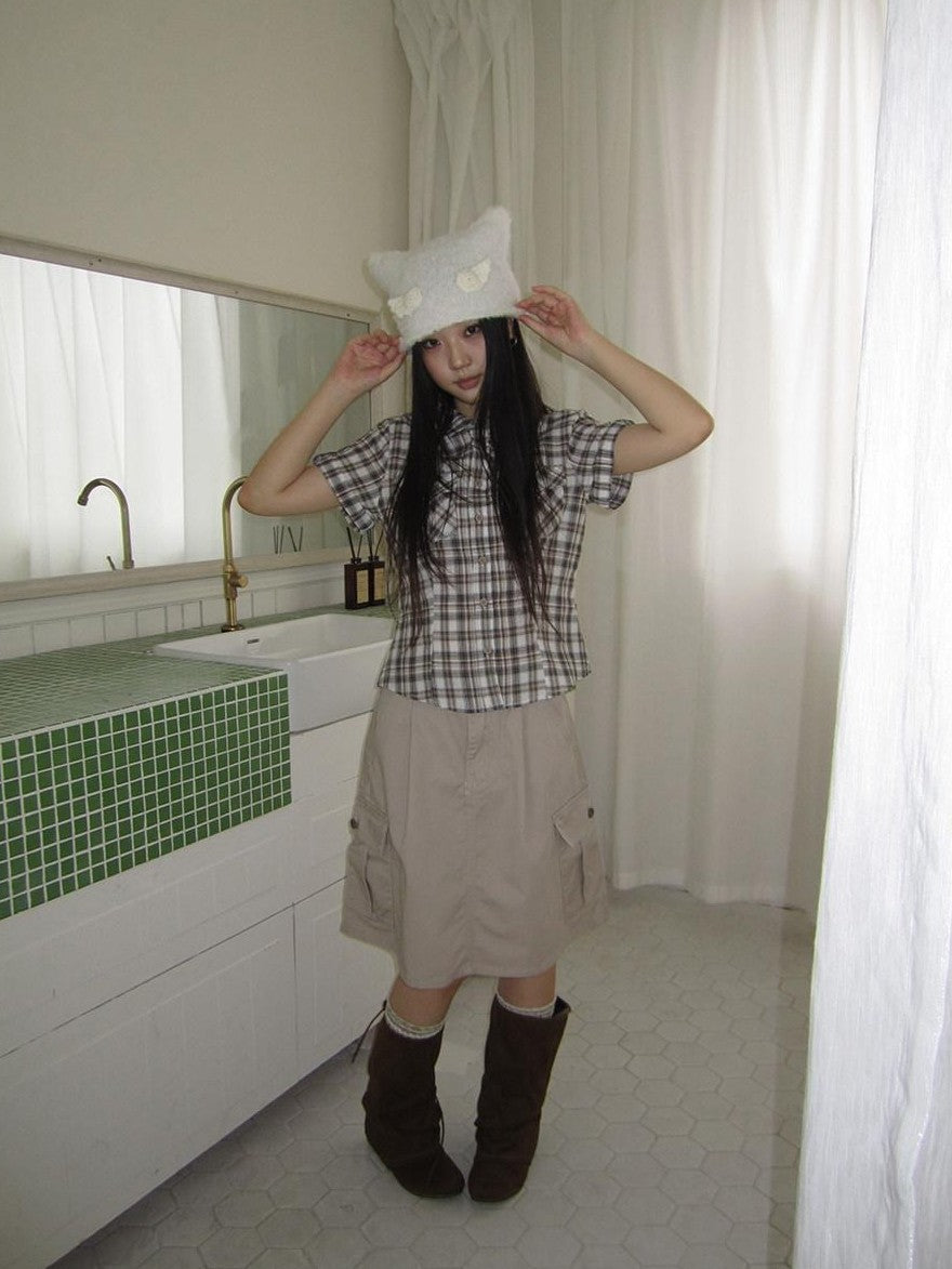 ang project Pocket Patchwork Plaid Waist Cinched Polo Collar Women&
