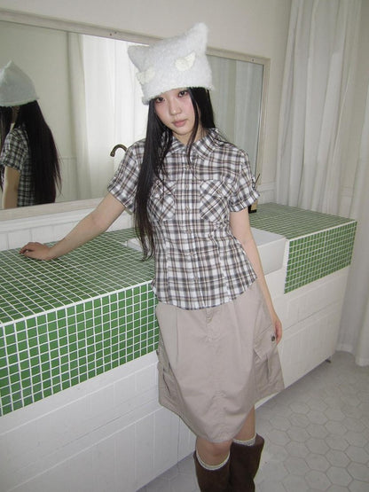 ang project Pocket Patchwork Plaid Waist Cinched Polo Collar Women&
