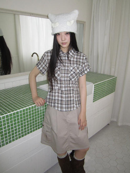 ang project Pocket Patchwork Plaid Waist Cinched Polo Collar Women&