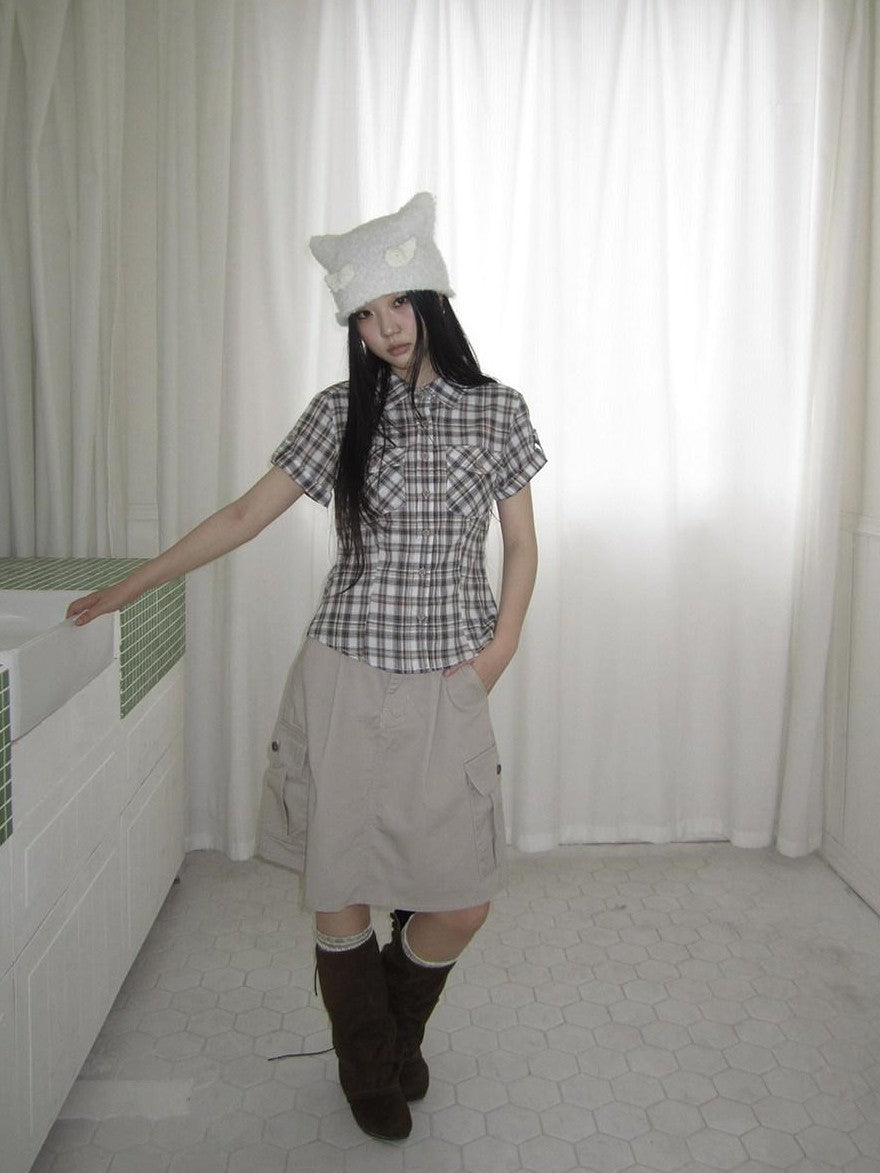 ang project Pocket Patchwork Plaid Waist Cinched Polo Collar Women&