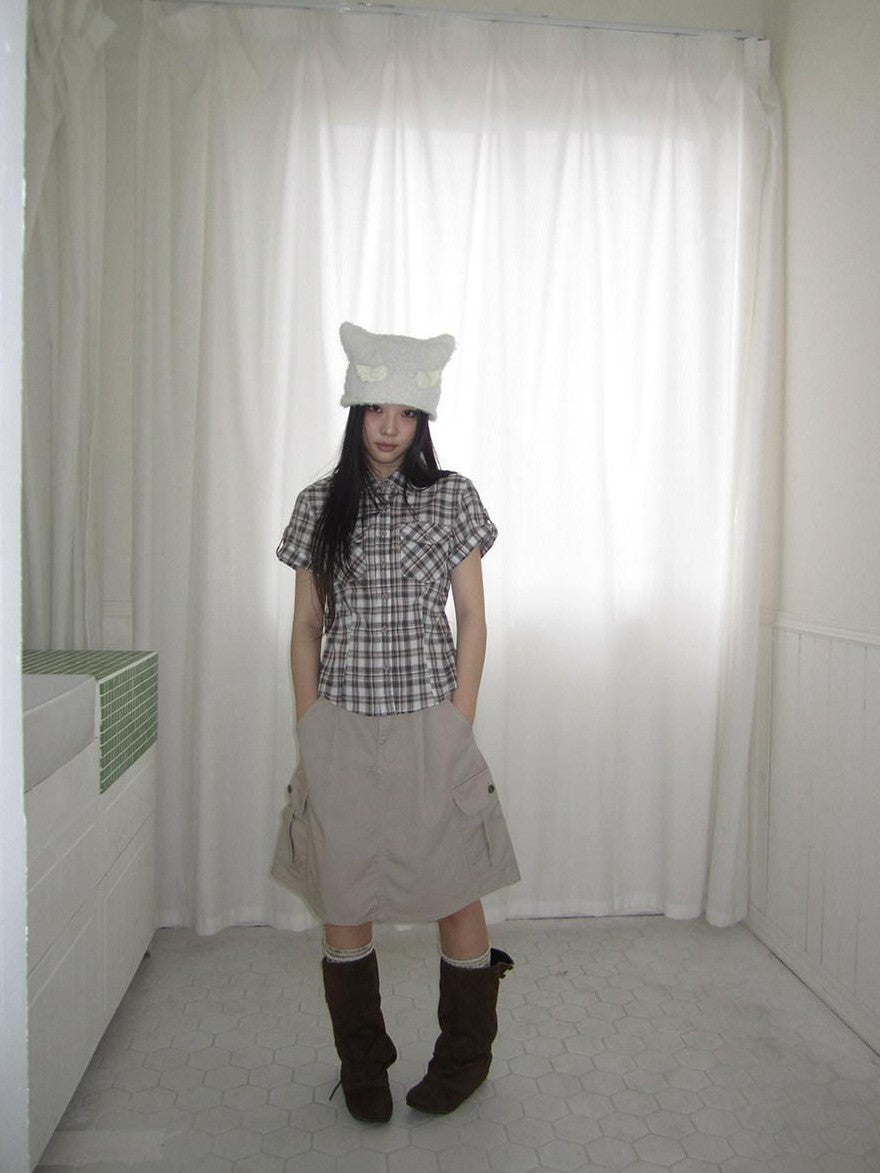 ang project Pocket Patchwork Plaid Waist Cinched Polo Collar Women&