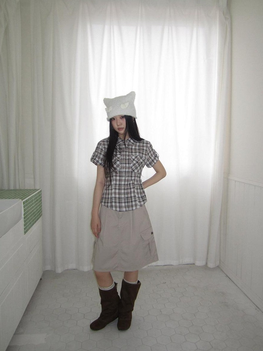 ang project Pocket Patchwork Plaid Waist Cinched Polo Collar Women&