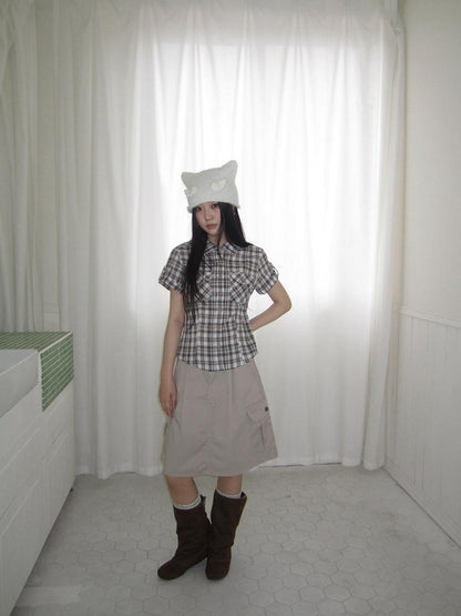 ang project Pocket Patchwork Plaid Waist Cinched Polo Collar Women&