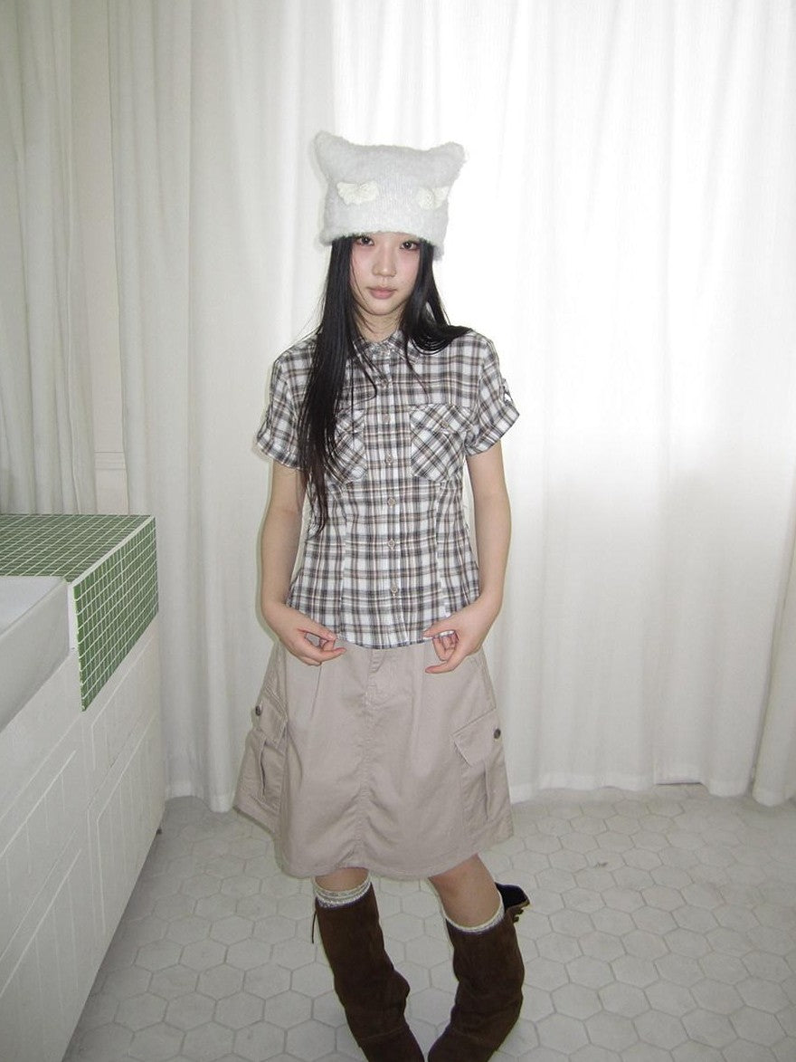 ang project Pocket Patchwork Plaid Waist Cinched Polo Collar Women&