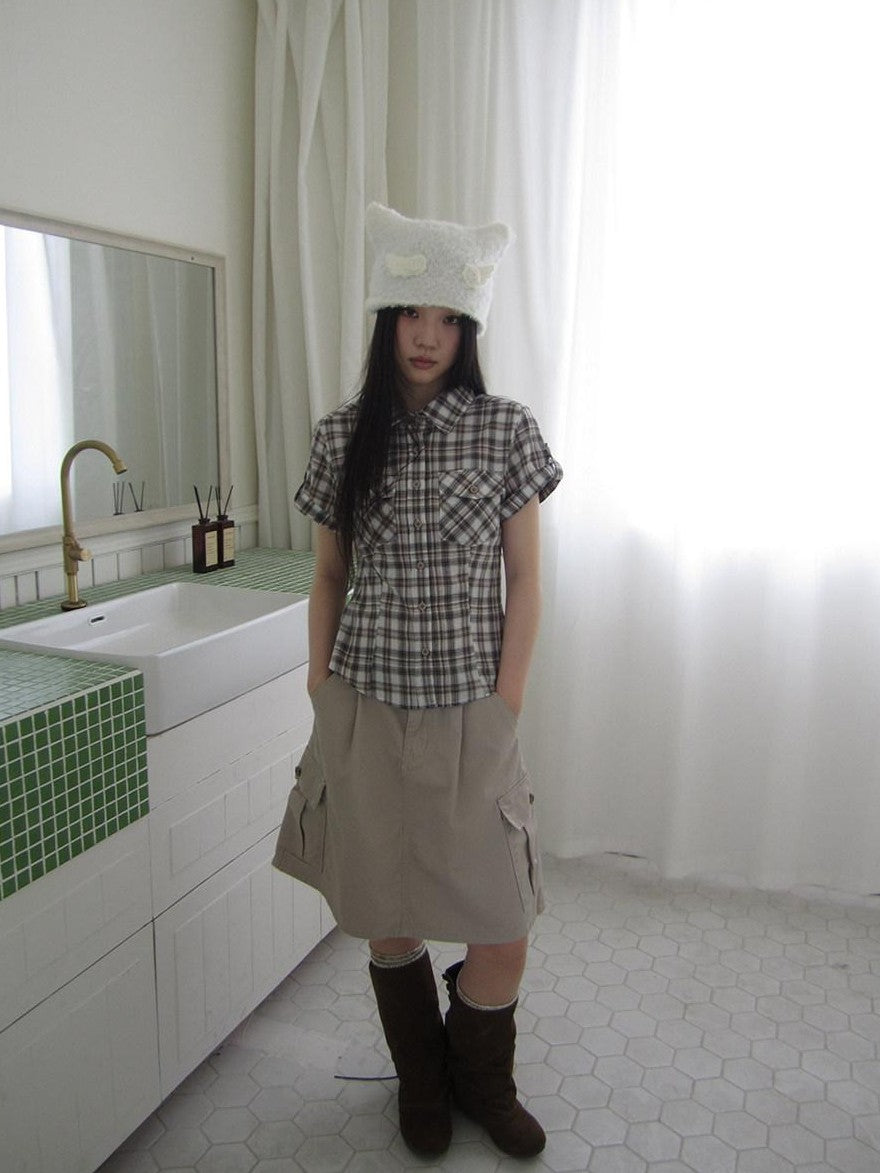 ang project Pocket Patchwork Plaid Waist Cinched Polo Collar Women&