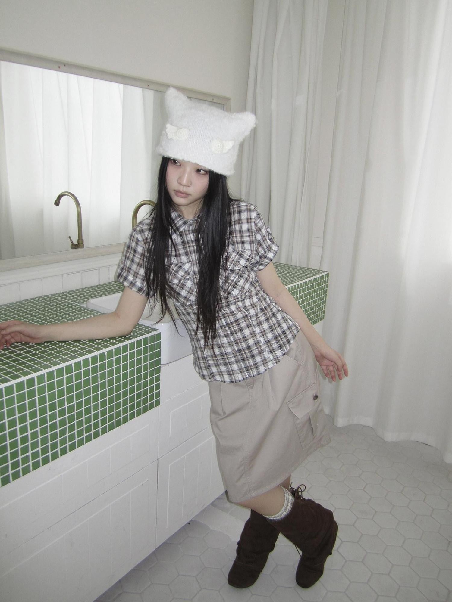 ang project Pocket Patchwork Plaid Waist Cinched Polo Collar Women&