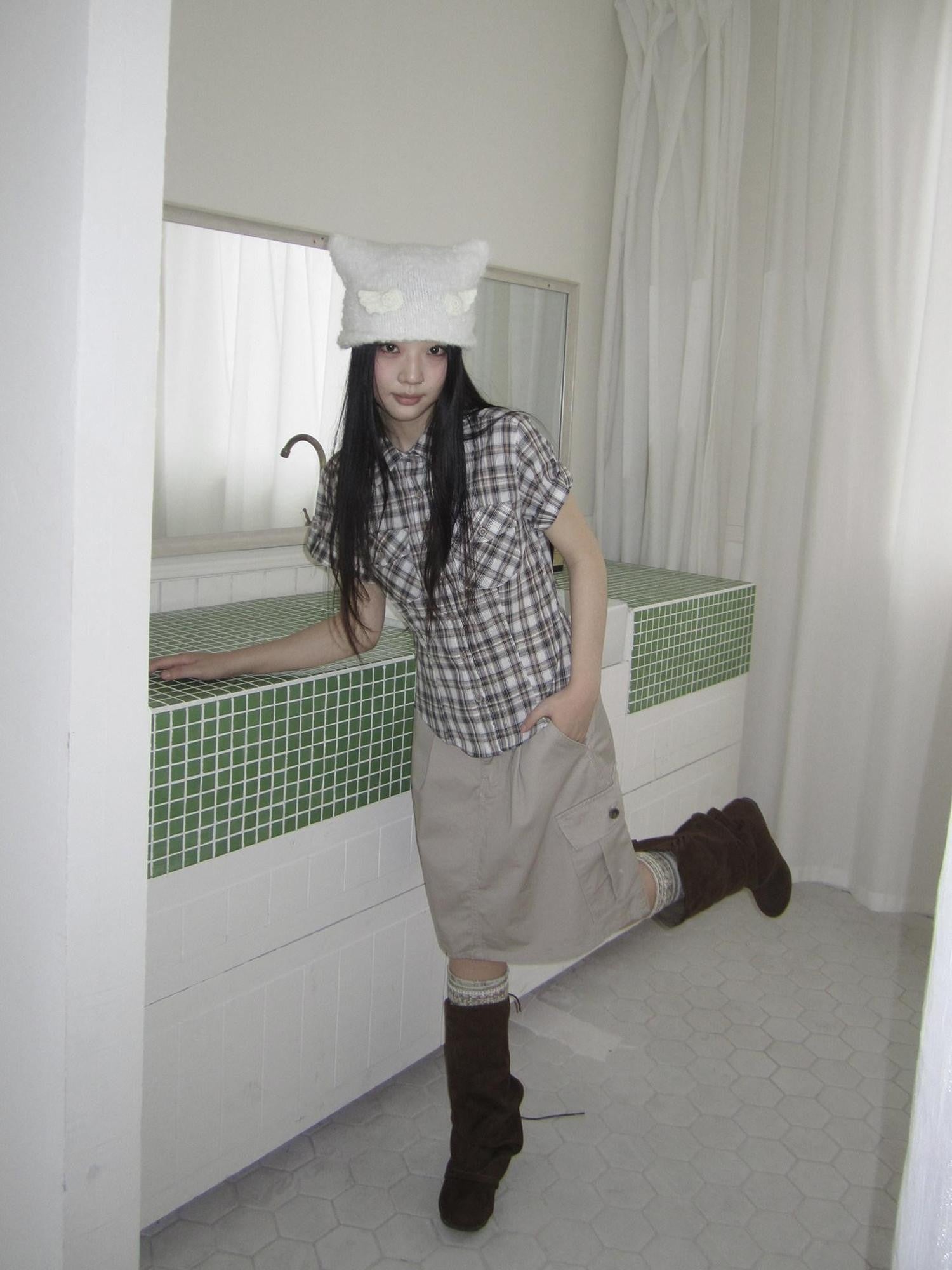 ang project Pocket Patchwork Plaid Waist Cinched Polo Collar Women&