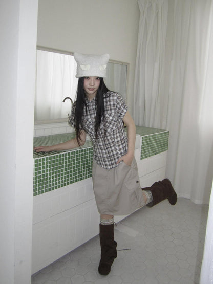ang project Pocket Patchwork Plaid Waist Cinched Polo Collar Women&