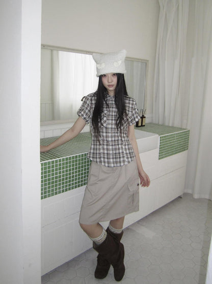 ang project Pocket Patchwork Plaid Waist Cinched Polo Collar Women&