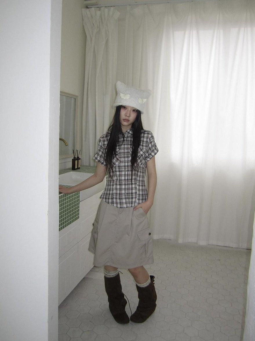 ang project Pocket Patchwork Plaid Waist Cinched Polo Collar Women&