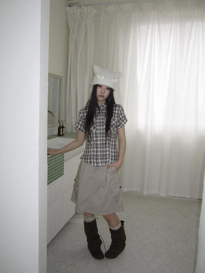 ang project Pocket Patchwork Plaid Waist Cinched Polo Collar Women&