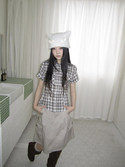 ang project Pocket Patchwork Plaid Waist Cinched Polo Collar Women&