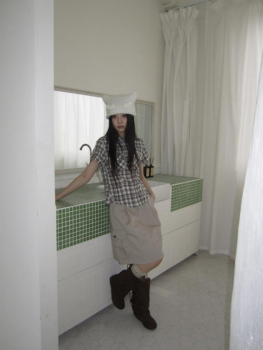 ang project Pocket Patchwork Plaid Waist Cinched Polo Collar Women&